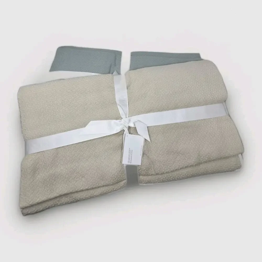 POTTERY BARN Organic Cotton Blanket Full/Queen Set Of 2 Textured Blankets NEW